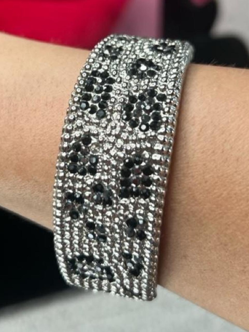 Y2K leopard print Silver tone & black rhinestone bracelet